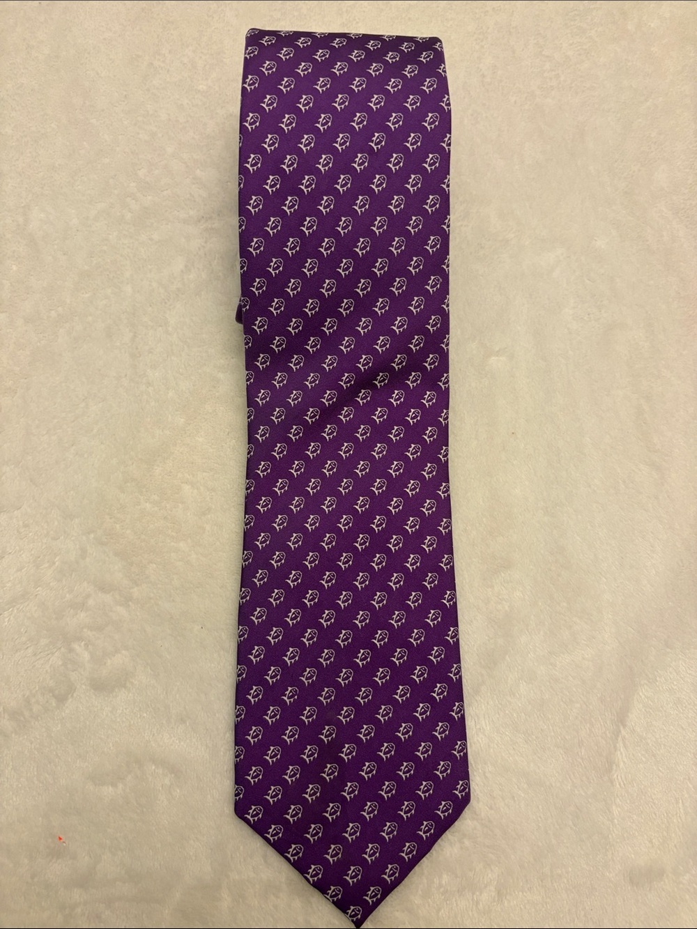 Southern Tide Silk Purple Tie with Small Ivory Fish Motif